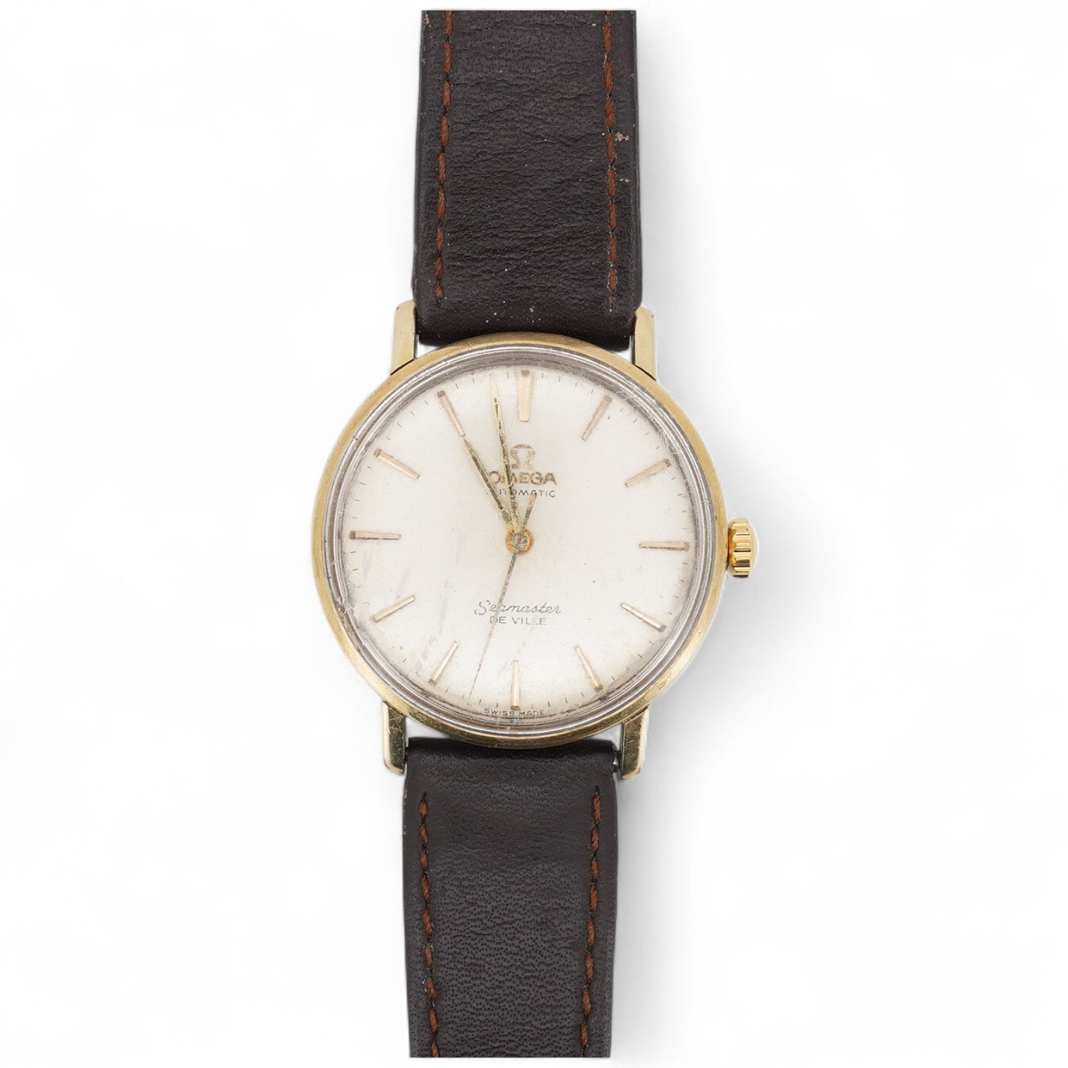 A gentleman's 1960's? steel and gold plated Omega Seamaster De Ville automatic wrist watch, with baton numerals, case diameter 35mm, on an associated leather strap, no box or papers.